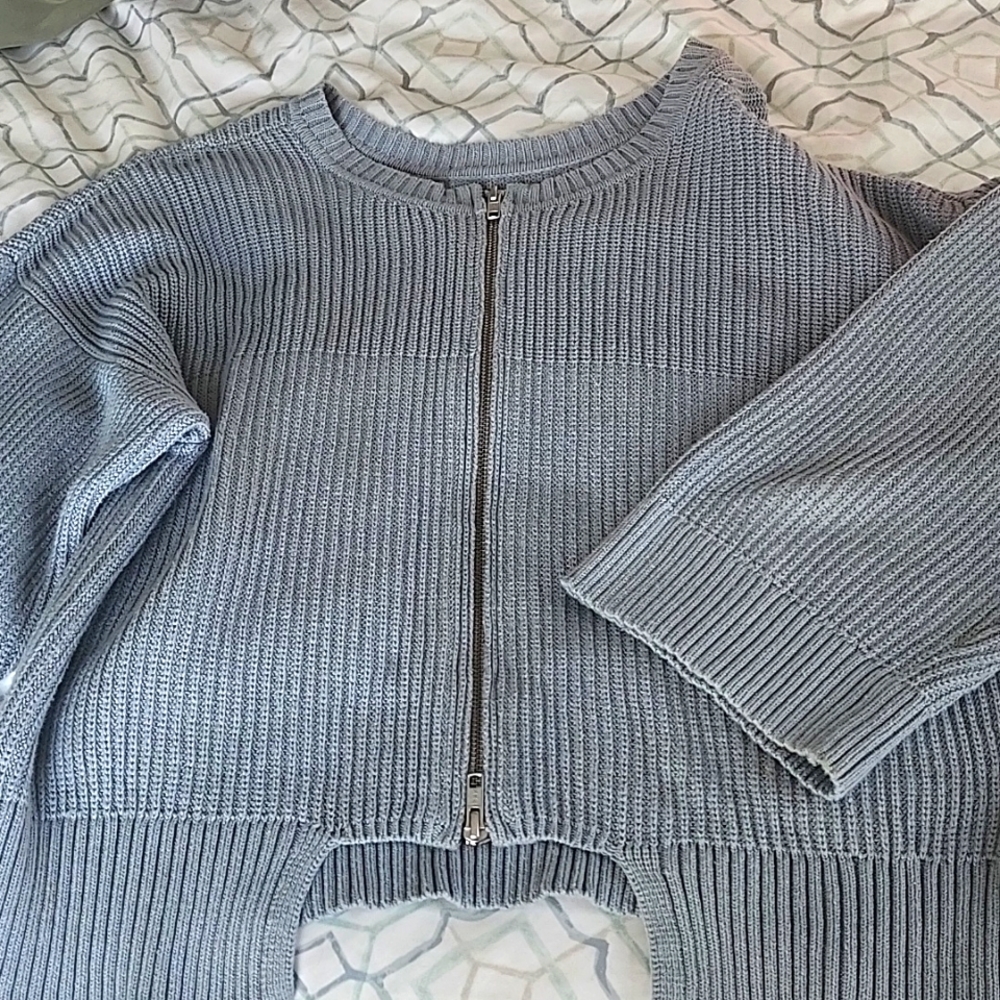 CAbi pale blue zip reversible sweater Med